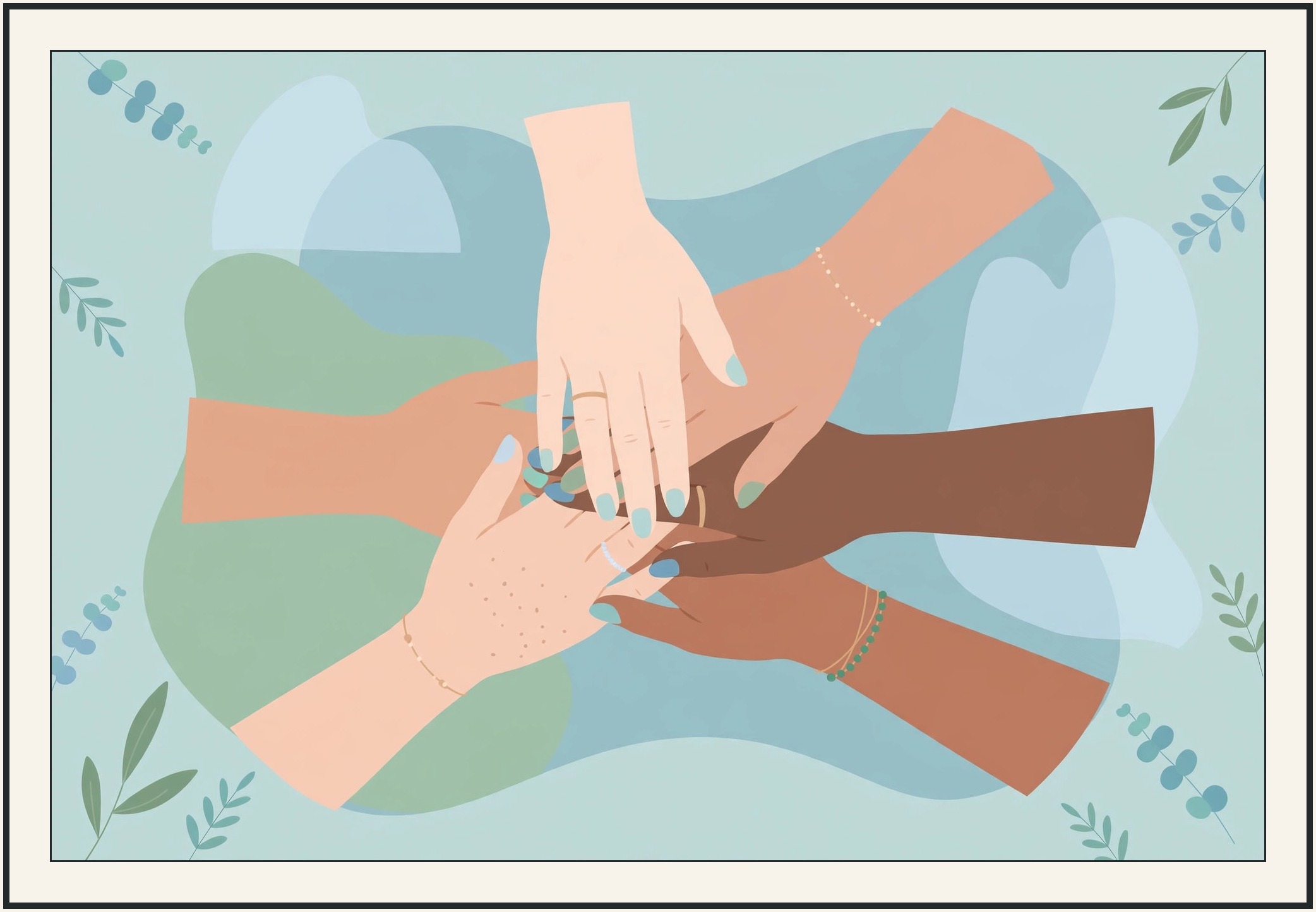 Illustration of women's hands stacked together in support