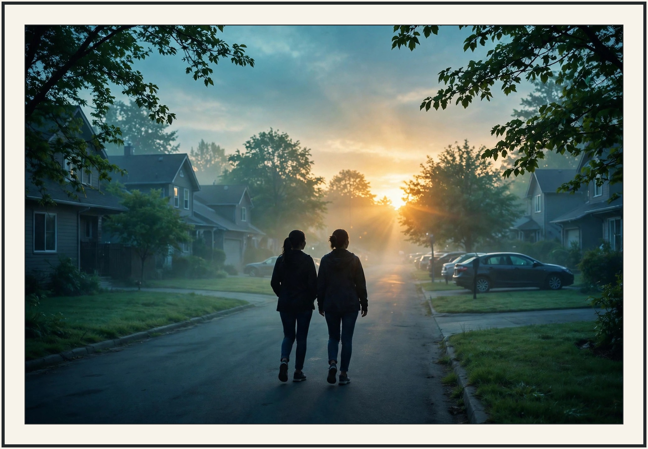 Two women walking together toward the sunrise